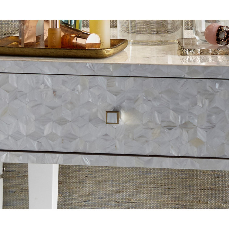 White Mother of Pearl 1-Drawer Nightstand with Metal Stretcher