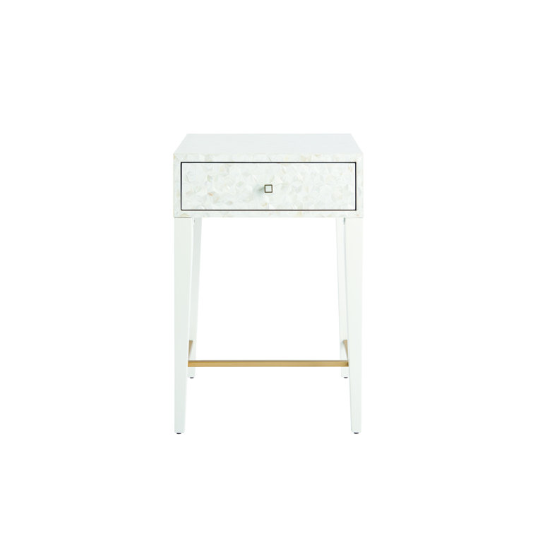White Mother of Pearl 1-Drawer Nightstand with Metal Stretcher
