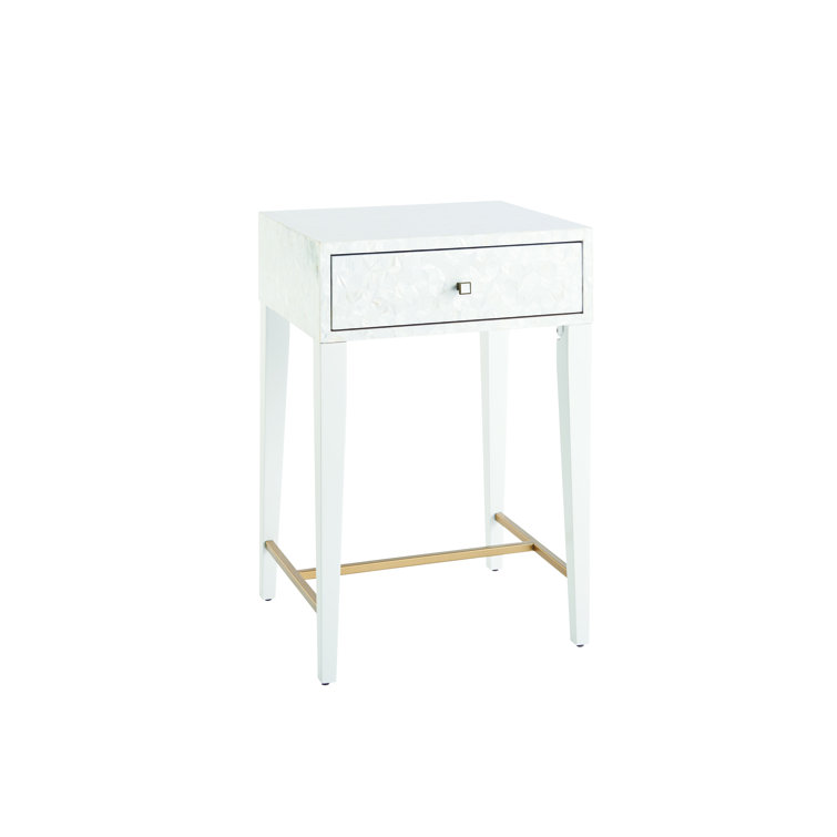 White Mother of Pearl 1-Drawer Nightstand with Metal Stretcher