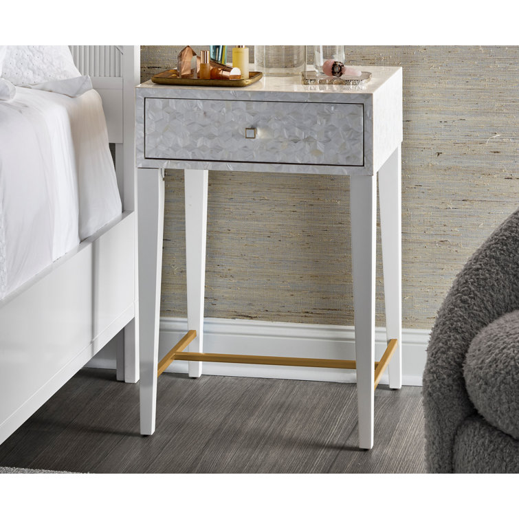 White Mother of Pearl 1-Drawer Nightstand with Metal Stretcher