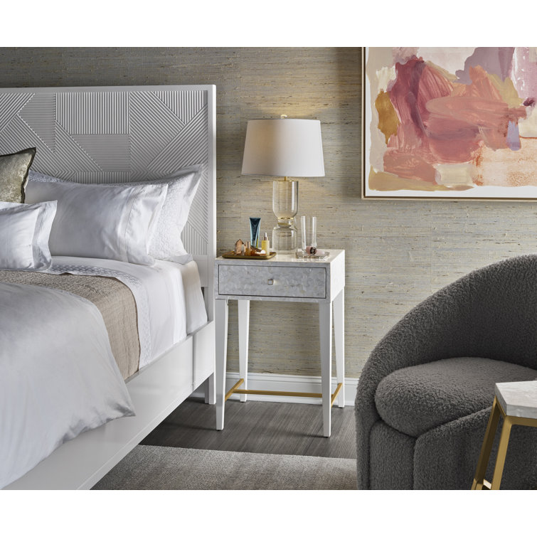 White Mother of Pearl 1-Drawer Nightstand with Metal Stretcher
