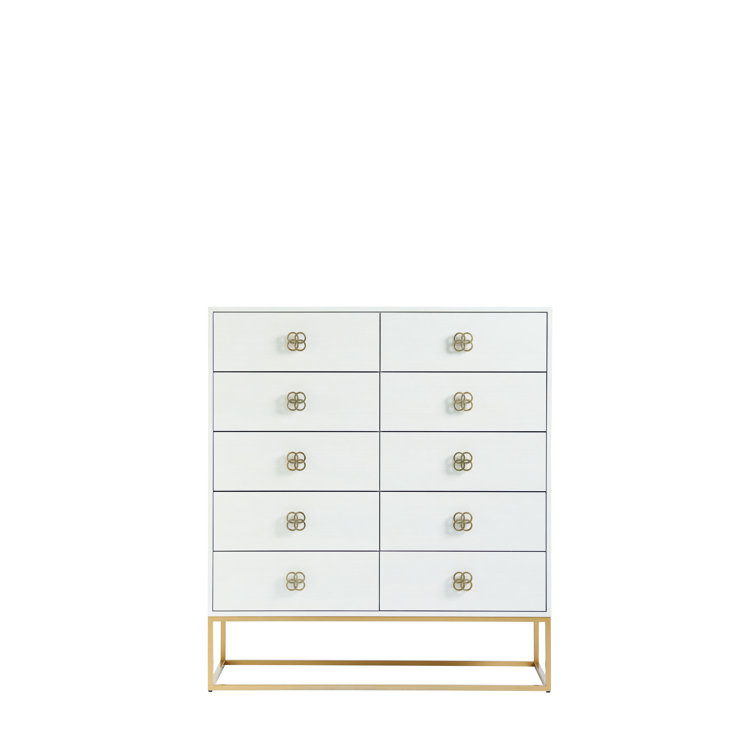 White and Gold 10-Drawer Hardwood Chest with Dovetail Drawer