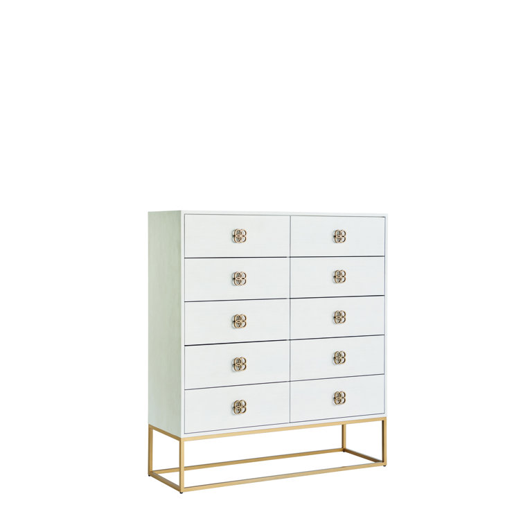 White and Gold 10-Drawer Hardwood Chest with Dovetail Drawer