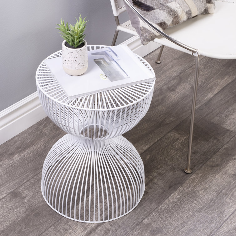Nicholas Round White Metal and Glass Hourglass Side Table