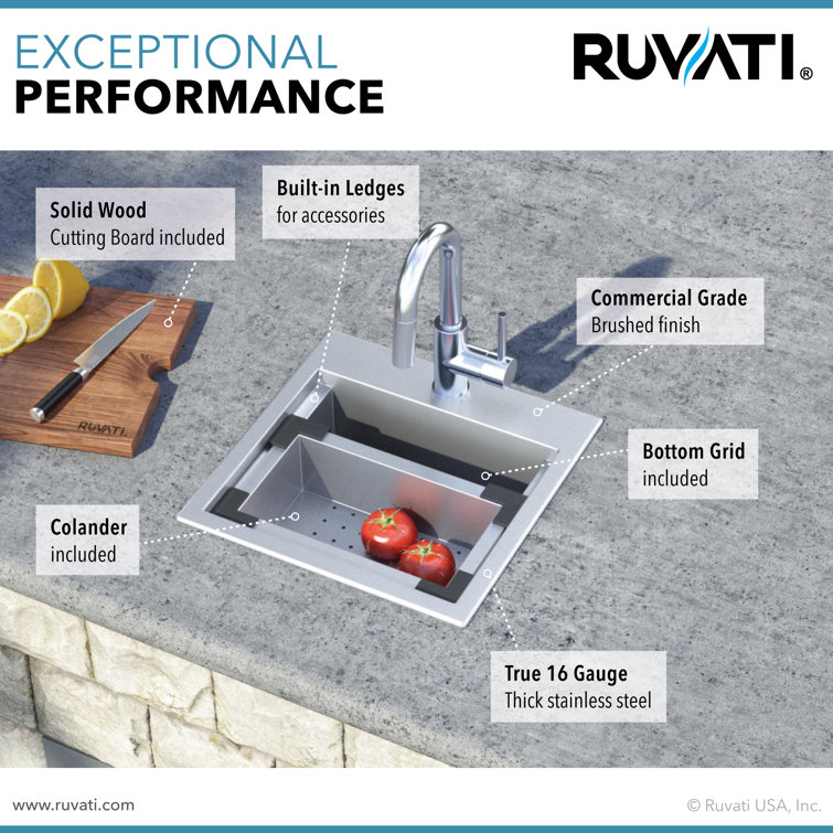 Ruvati 15'' Stainless Steel Workstation Sink with Sapele Wood Cutting Board