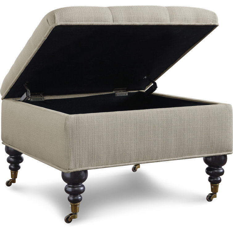 Ivory Tufted Cotton Twill Square Cocktail Ottoman with Storage