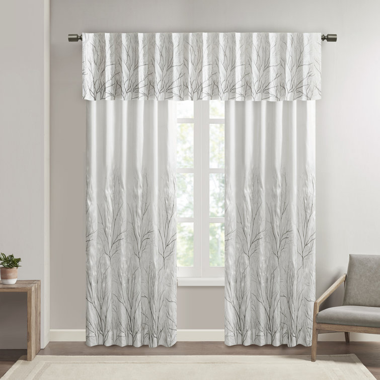 White Faux Silk Embroidered Puddle Length Curtain Panel