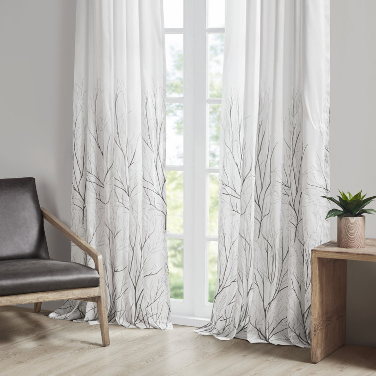 White Faux Silk Embroidered Puddle Length Curtain Panel