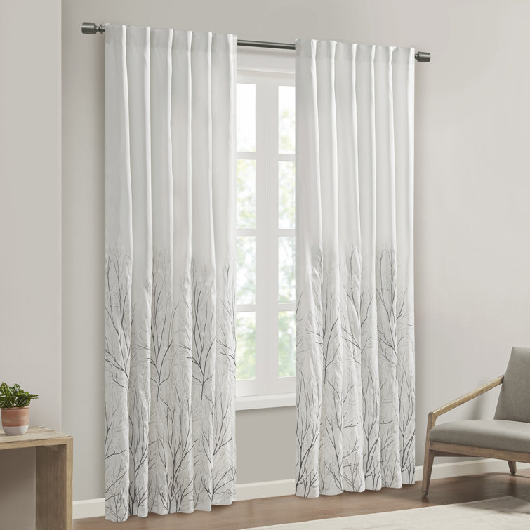 White Faux Silk Embroidered Branch Puddle Length Curtain Panel