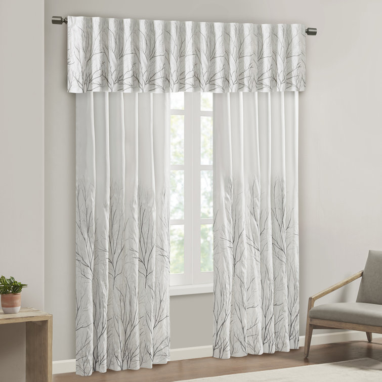 White Faux Silk Embroidered Puddle Length Curtain Panel