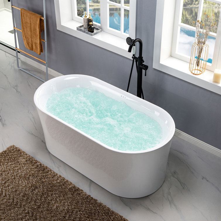 59'' White Acrylic Freestanding Air Soaking Bathtub with Brushed Gold Trim