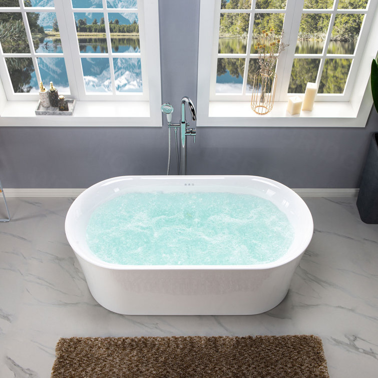 59'' White Acrylic Freestanding Air Soaking Bathtub with Brushed Gold Trim
