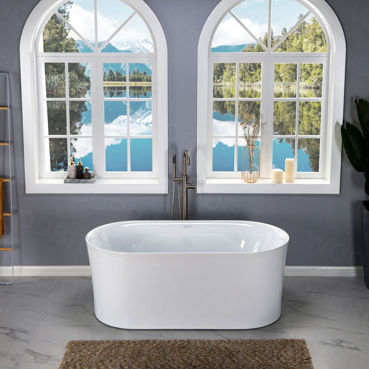 67" White Freestanding Acrylic Air Soaking Bathtub with Brushed Nickel Trim