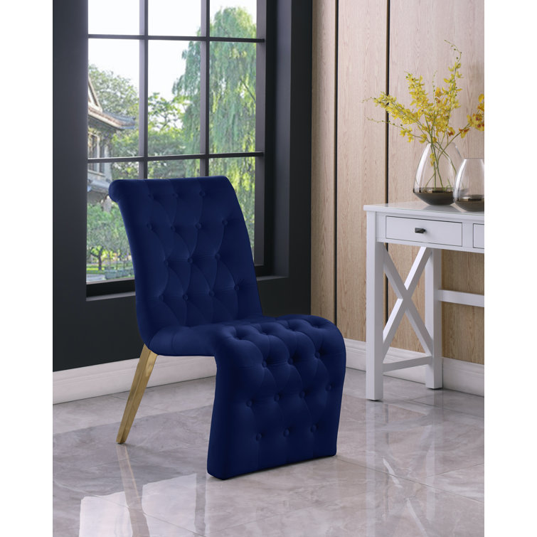 Navy Velvet Tufted Upholstered Side Chair with Gold Iron Legs
