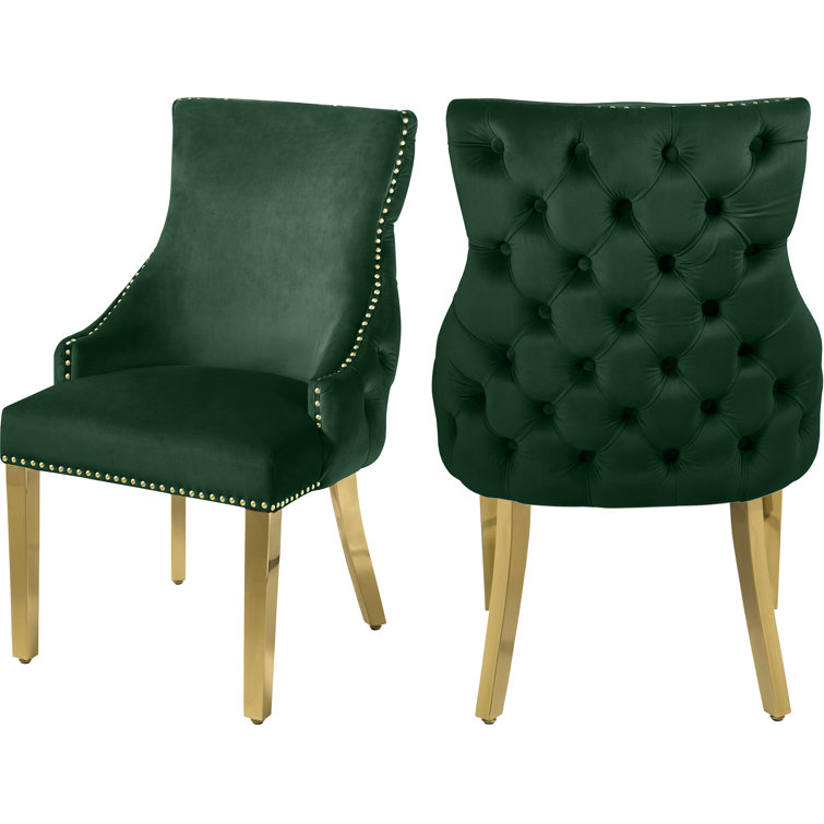 Green Tufted Vegan Leather Side Chair with Gold Legs, Set of 2