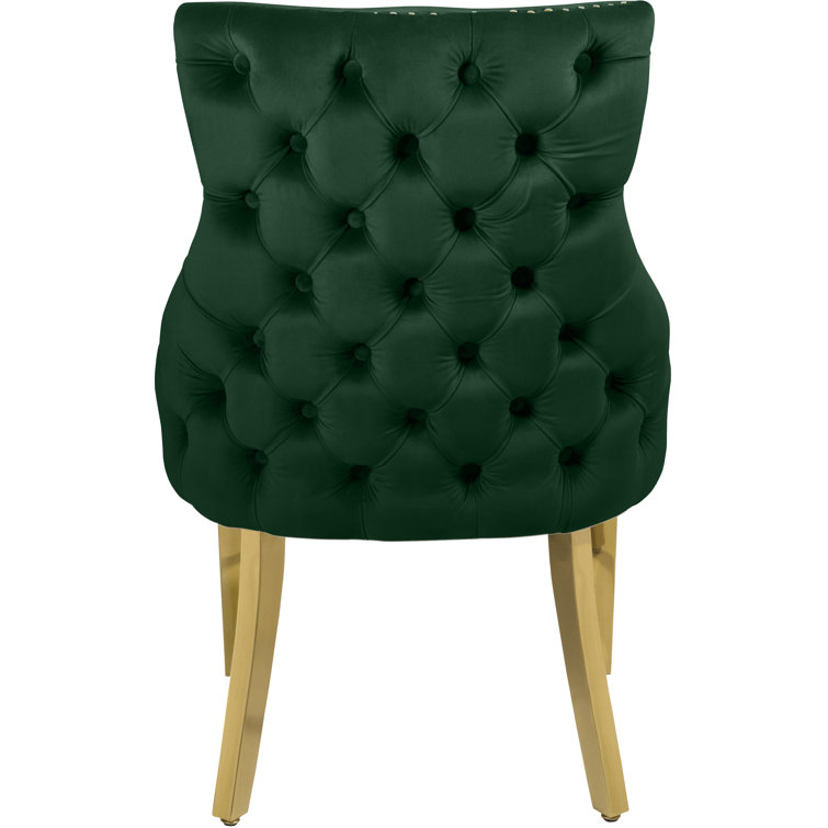 Green Tufted Vegan Leather Side Chair with Gold Legs, Set of 2