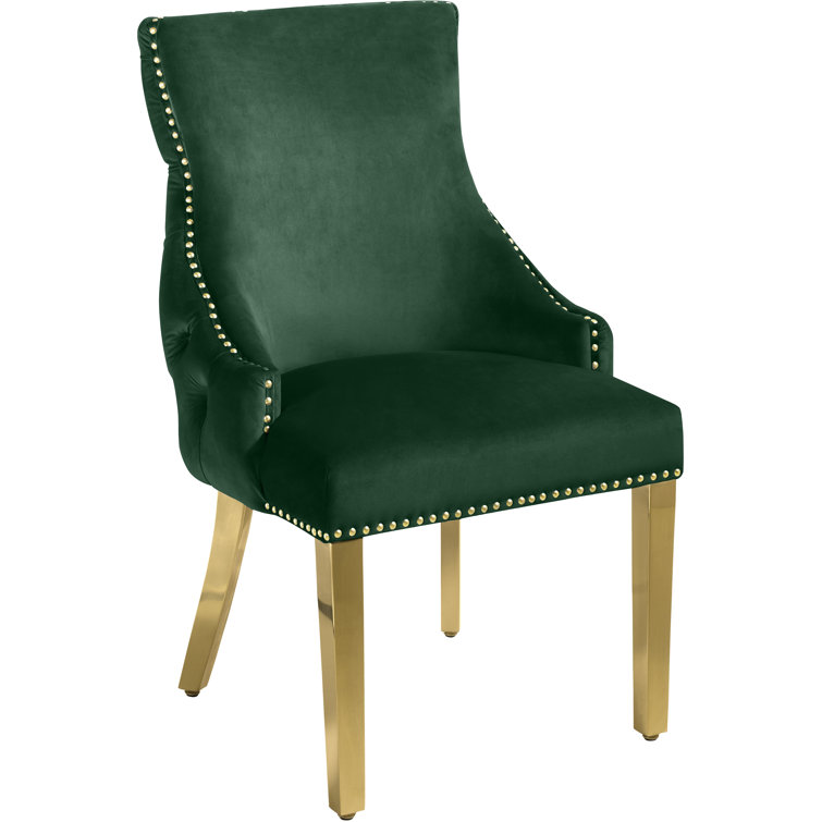 Green Tufted Vegan Leather Side Chair with Gold Legs, Set of 2