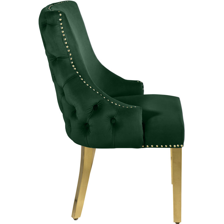 Green Tufted Vegan Leather Side Chair with Gold Legs, Set of 2
