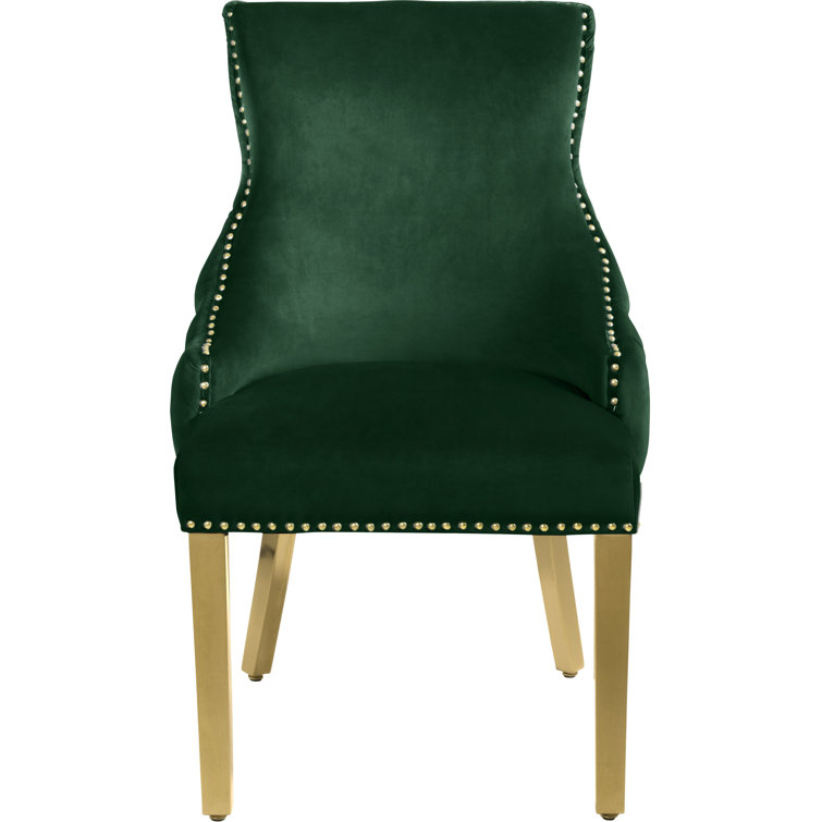 Green Tufted Vegan Leather Side Chair with Gold Legs, Set of 2