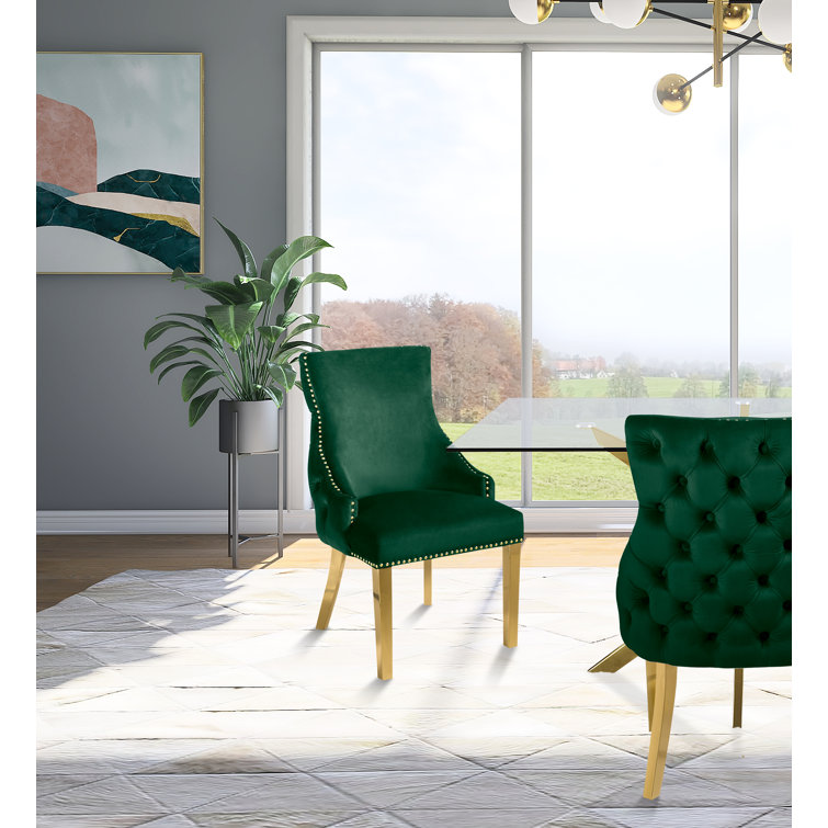 Green Tufted Vegan Leather Side Chair with Gold Legs, Set of 2