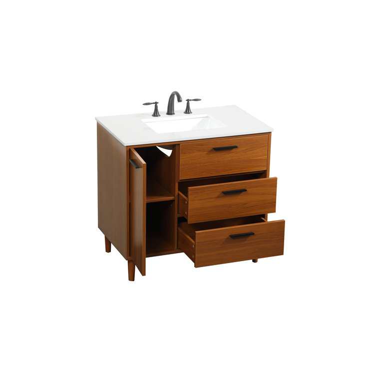 Teak Finish 36" Modern Bathroom Vanity with Engineered Stone Top
