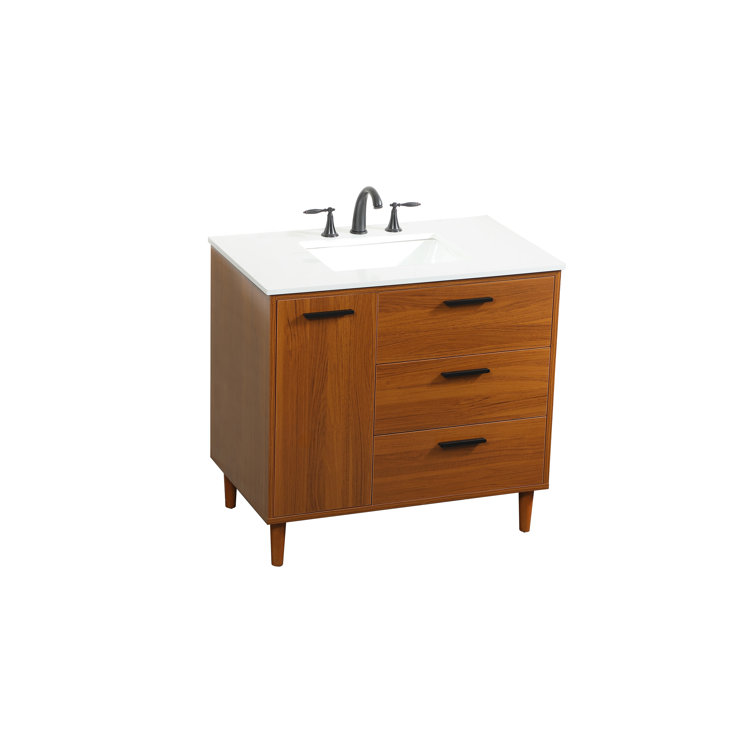 Teak Finish 36" Modern Bathroom Vanity with Engineered Stone Top