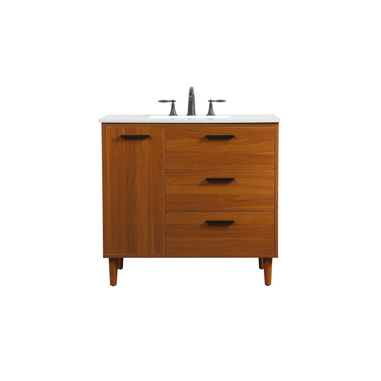 Teak Finish 36" Modern Bathroom Vanity with Engineered Stone Top