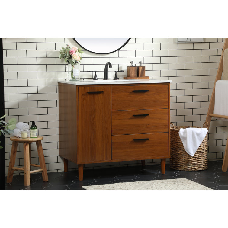 Teak Finish 36" Modern Bathroom Vanity with Engineered Stone Top