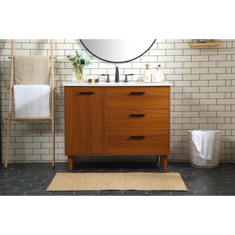 Teak and Black 42" Freestanding Single Vanity with Marble Top