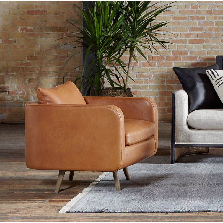 Haven Tobacco Top-Grain Leather Swivel Armchair with Solid Wood Legs