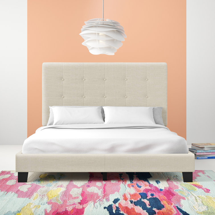 Elegant Cream Full Platform Bed with Tufted Velvet Upholstery