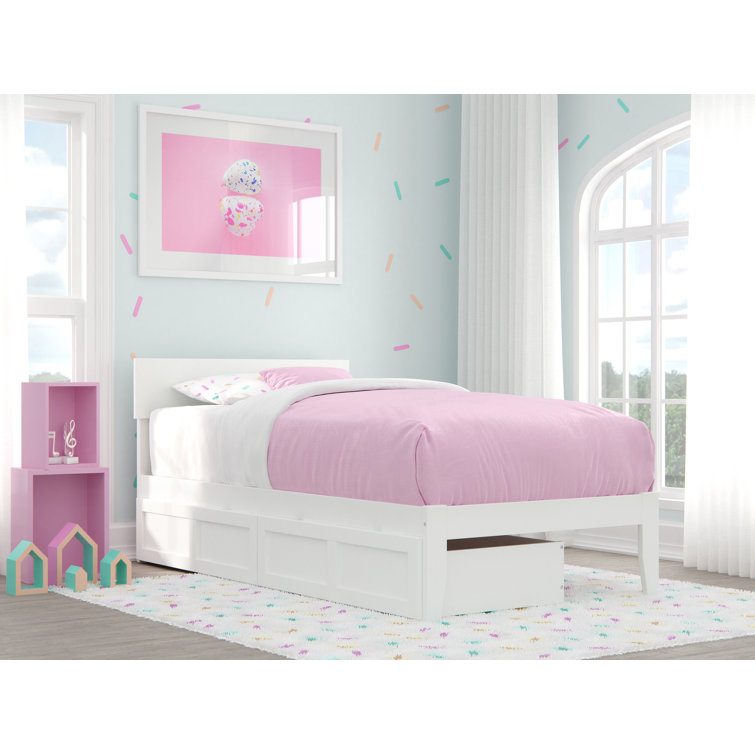 White Twin Wood Platform Bed with Storage Drawers and Upholstered Headboard