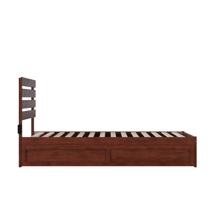Walnut Queen Upholstered Platform Bed with Wood Headboard and Slats