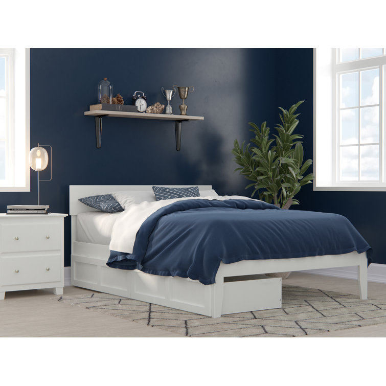 White Full Wood Platform Bed with Storage Drawers and Headboard
