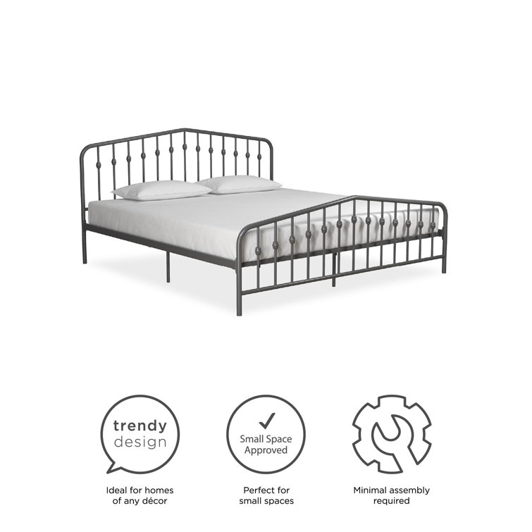 King-Size Gunmetal Gray Metal Bed with Upholstered Headboard and Storage Drawer