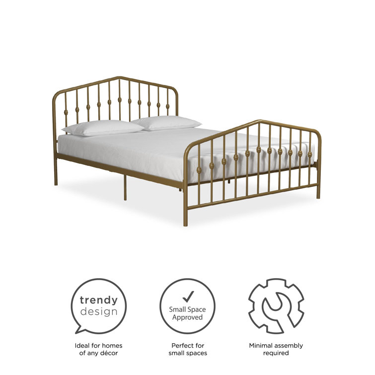 Bushwick Queen Gold Metal Platform Bed with Round Finials and Storage Drawer