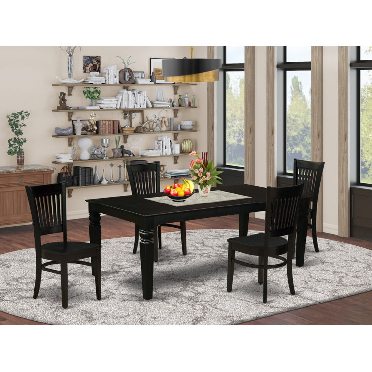 Black Rubberwood Extendable Dining Table Set with 4 Slatted Chairs