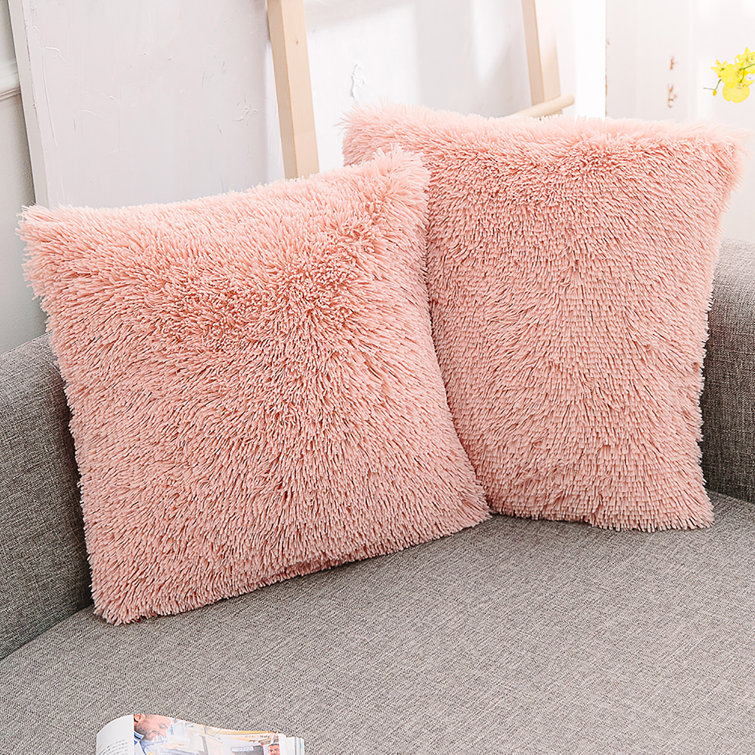 Pink Faux Fur Euro Pillowcases with Tassels, 18" x 18", Set of 2
