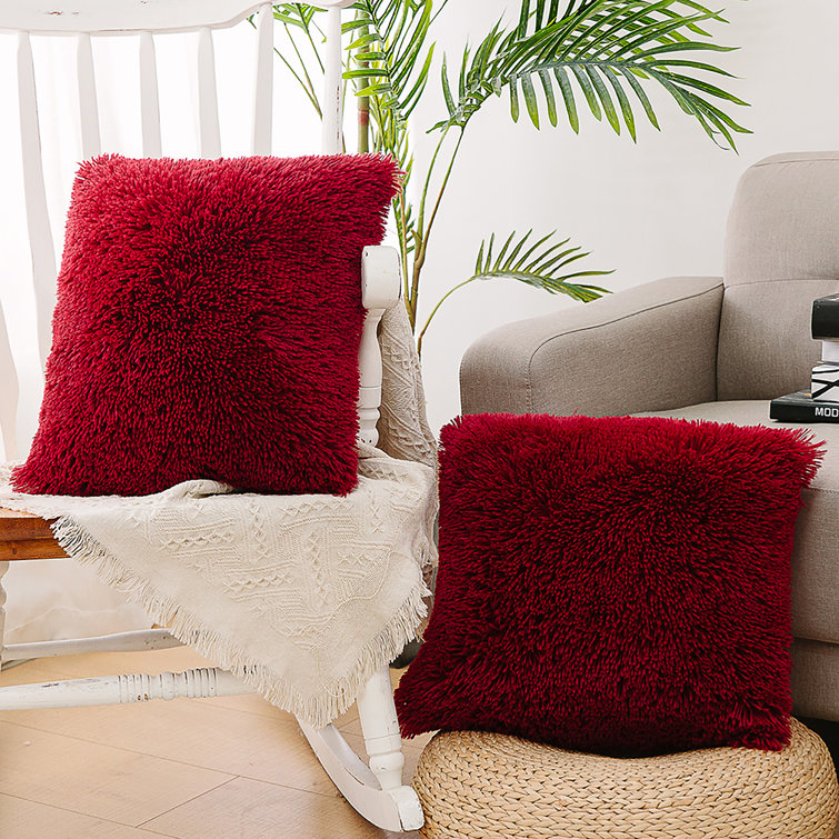 Wine Red Faux Fur Square Pillow Covers with Tassels, Set of 2