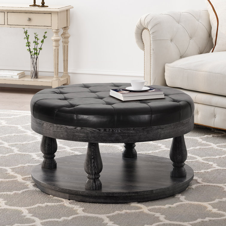 Andrue 40" Round Charcoal Gray Tufted Ottoman with Pine Wood Base