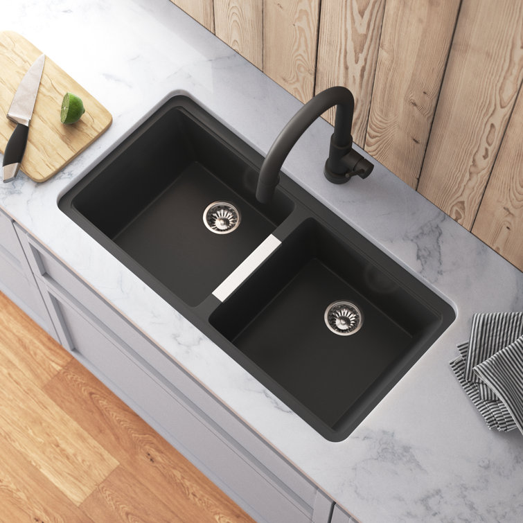 KRAUS 33 inch L Undermount 50/50 Double Bowl Black Onyx Granite Kitchen Sink