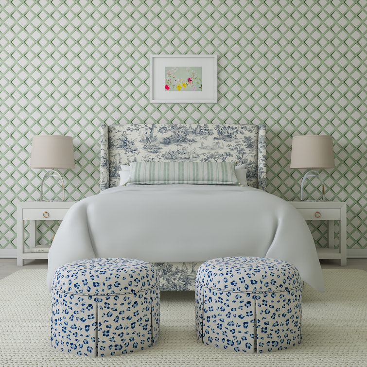Brush Cheetah Blue Round Cotton Ottoman with Espresso Legs