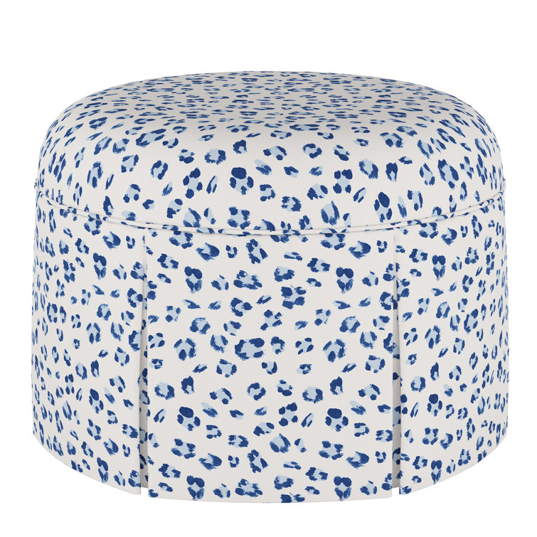 Brush Cheetah Blue Round Cotton Ottoman with Espresso Legs