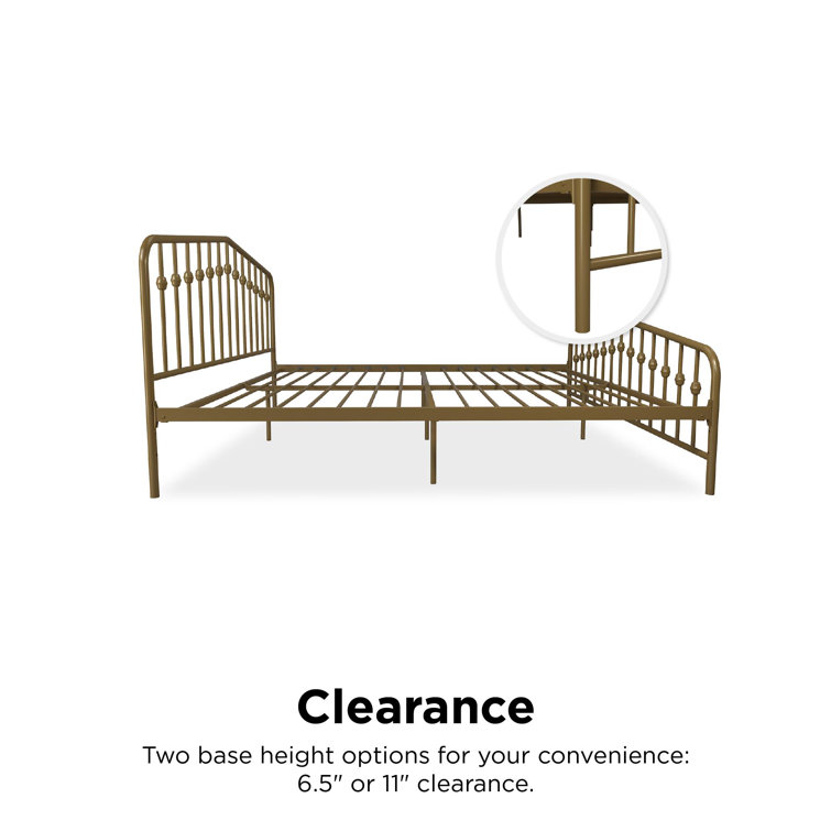 Bushwick Queen Gold Metal Platform Bed with Round Finials and Storage Drawer
