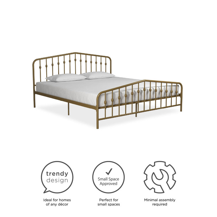 Bushwick Queen Gold Metal Platform Bed with Round Finials and Storage Drawer
