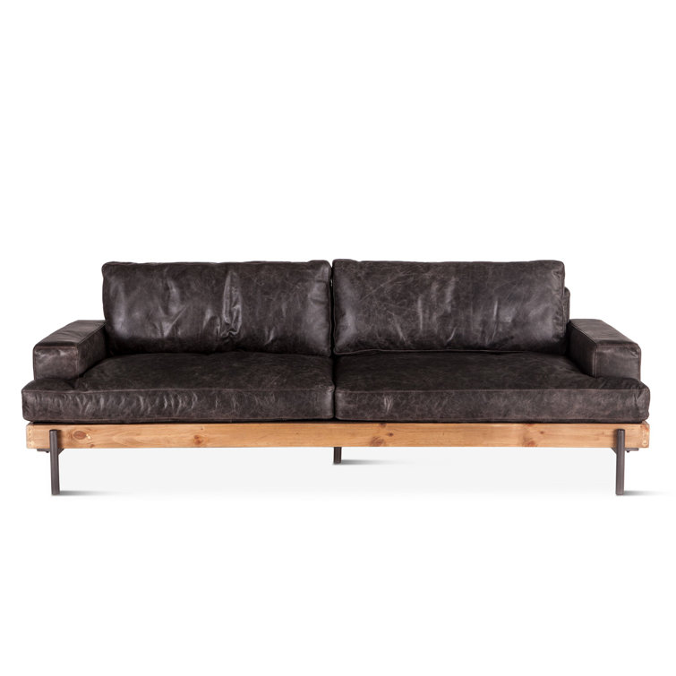 Portofino Distressed Antique Ebony Leather Oak Wood Sofa