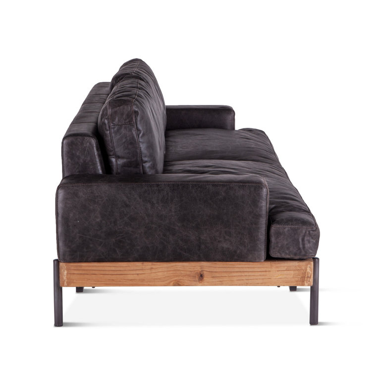 Portofino Distressed Antique Ebony Leather Oak Wood Sofa