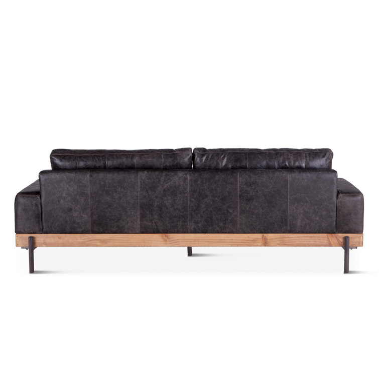Portofino Distressed Antique Ebony Leather Oak Wood Sofa