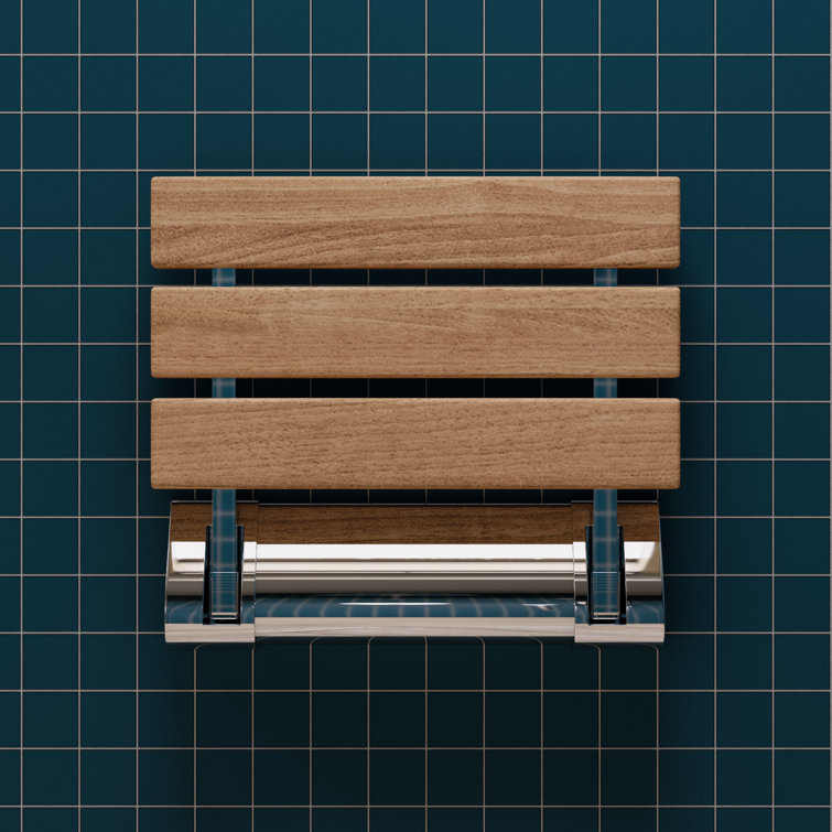 Natural Teak Wood Folding Shower Seat with Chrome Mount