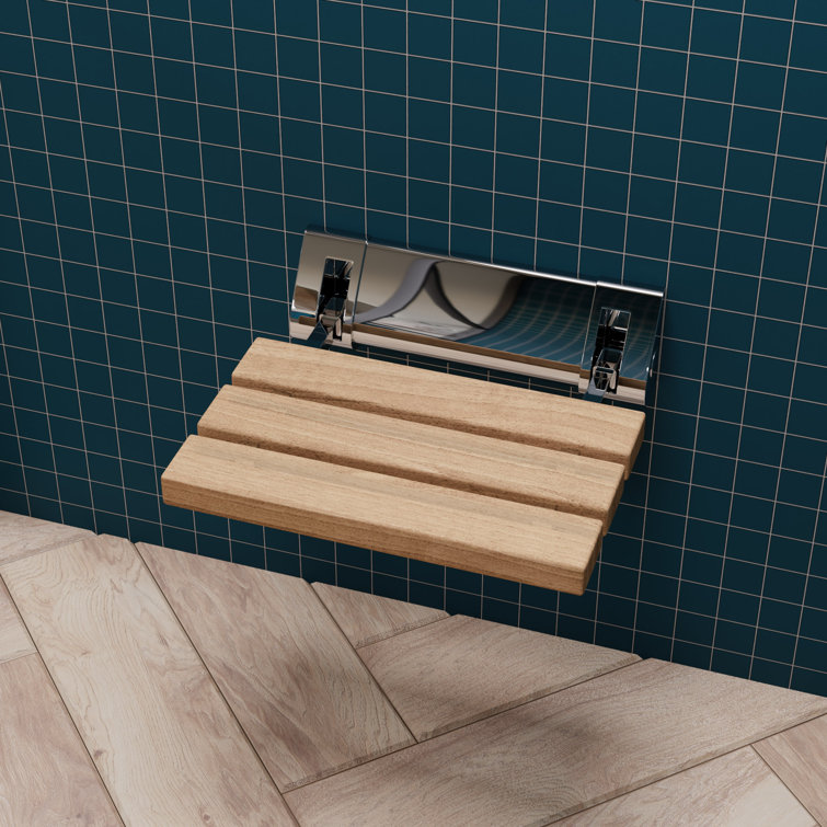 Natural Teak Wood Folding Shower Seat with Chrome Mount